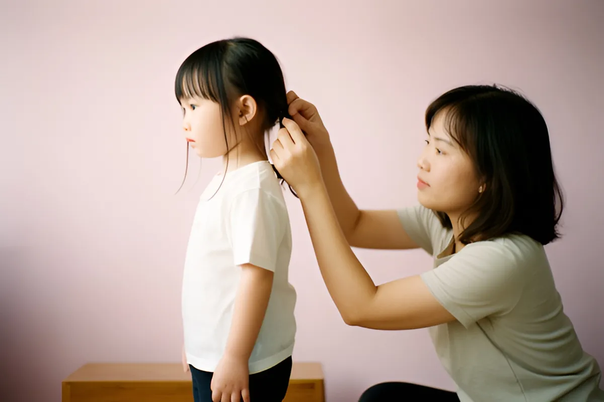 Một phụ nữ đang chải và buộc tóc cho bé gái đứng cạnh, trong góc phòng có nền hồng nhạt và một chiếc hộp gỗ nhỏ, ánh sáng dịu