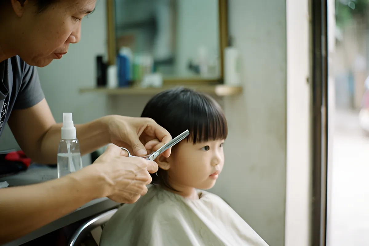 Một thợ cắt tóc nam đang cầm kéo và lược tỉa mái tóc thẳng cho bé gái ngồi trên ghế phủ khăn