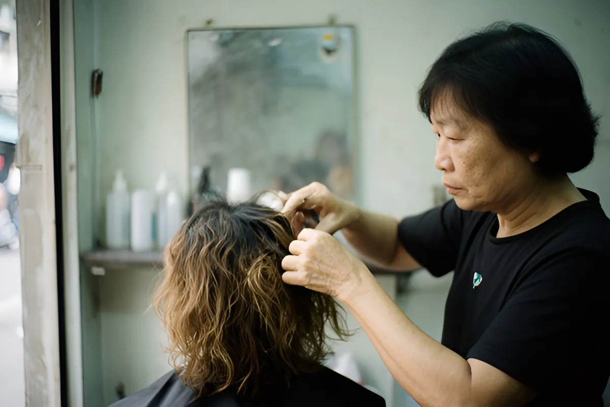 Một phụ nữ đứng bên đang vuốt tóc người ngồi phía trước trong phòng nhỏ có gương và kệ chai, ánh sáng từ cửa sổ