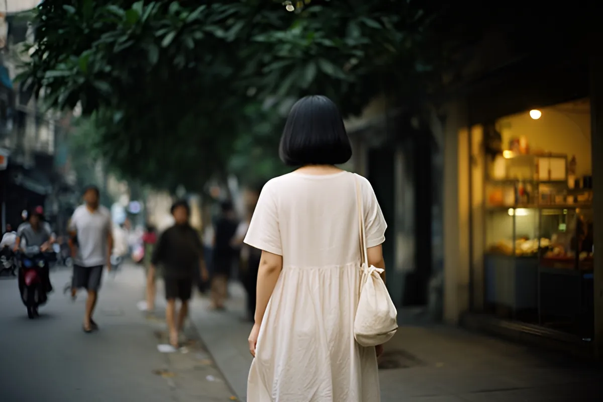 Một phụ nữ tóc ngắn mặc váy trắng đi bộ trên vỉa hè, vai đeo túi vải nhỏ