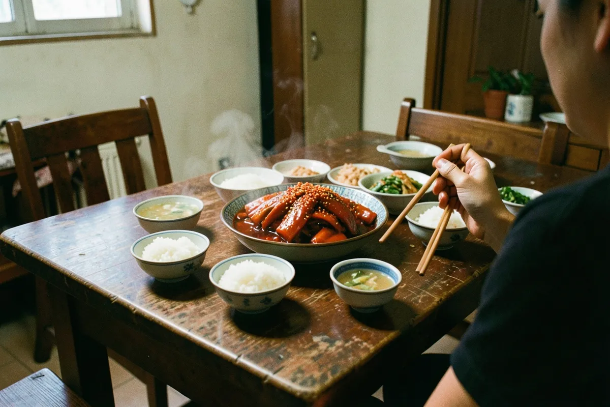 Một người ngồi quay lưng bên bàn gỗ ăn tối, tay cầm đũa, trên bàn nhiều bát cơm, canh và món ăn đỏ giữa bàn, khói bốc lên