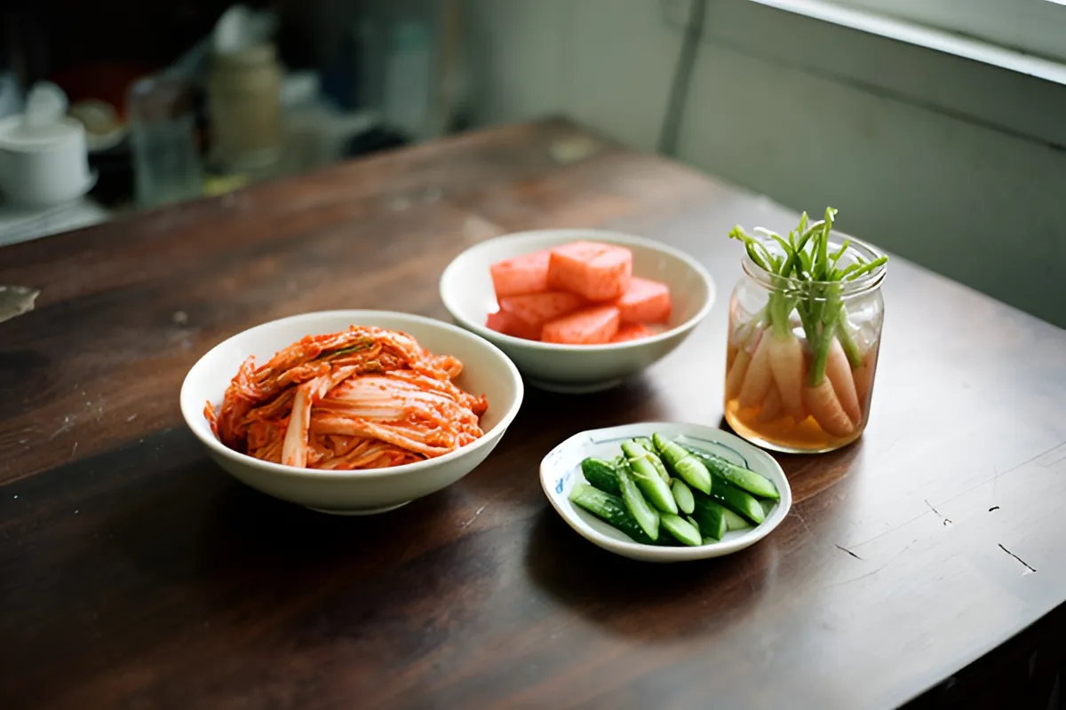 Bốn bát đĩa nhỏ đựng các món dưa muối màu đỏ và xanh đặt trên bàn gỗ tối, ánh sáng cửa sổ chiếu vào