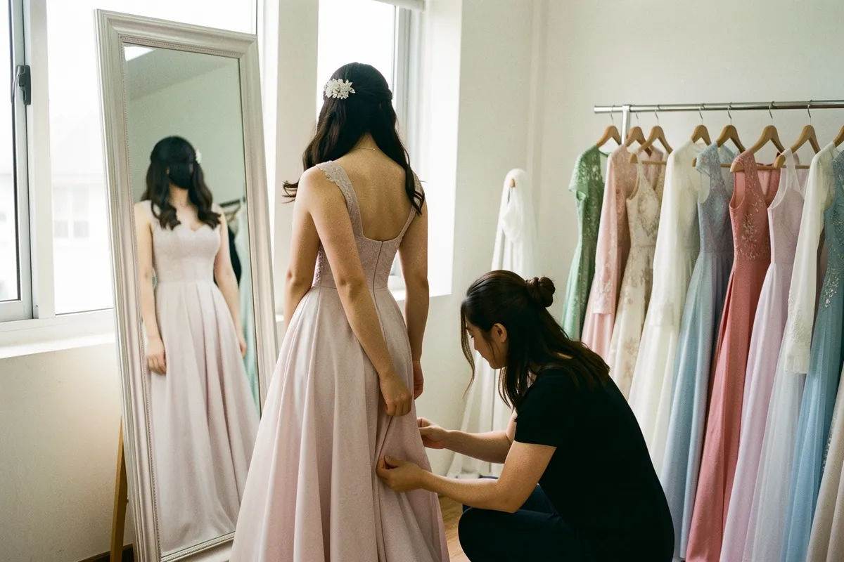 Một cô gái mặc váy cưới đứng quay lưng trước gương, một phụ nữ quỳ chỉnh vạt váy