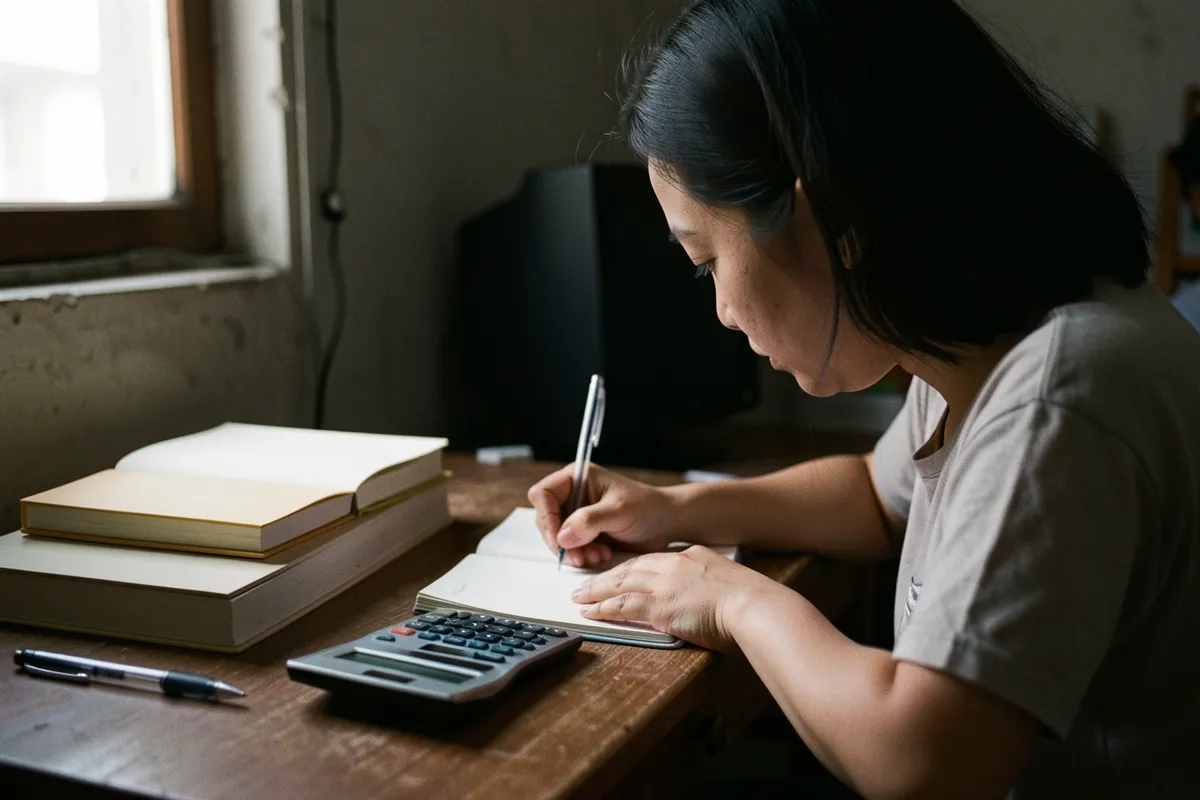 Một phụ nữ tóc đen cúi viết vào sổ trên bàn gỗ, bên cạnh có chồng sách, máy tính và bút, ánh sáng từ cửa sổ bên trái