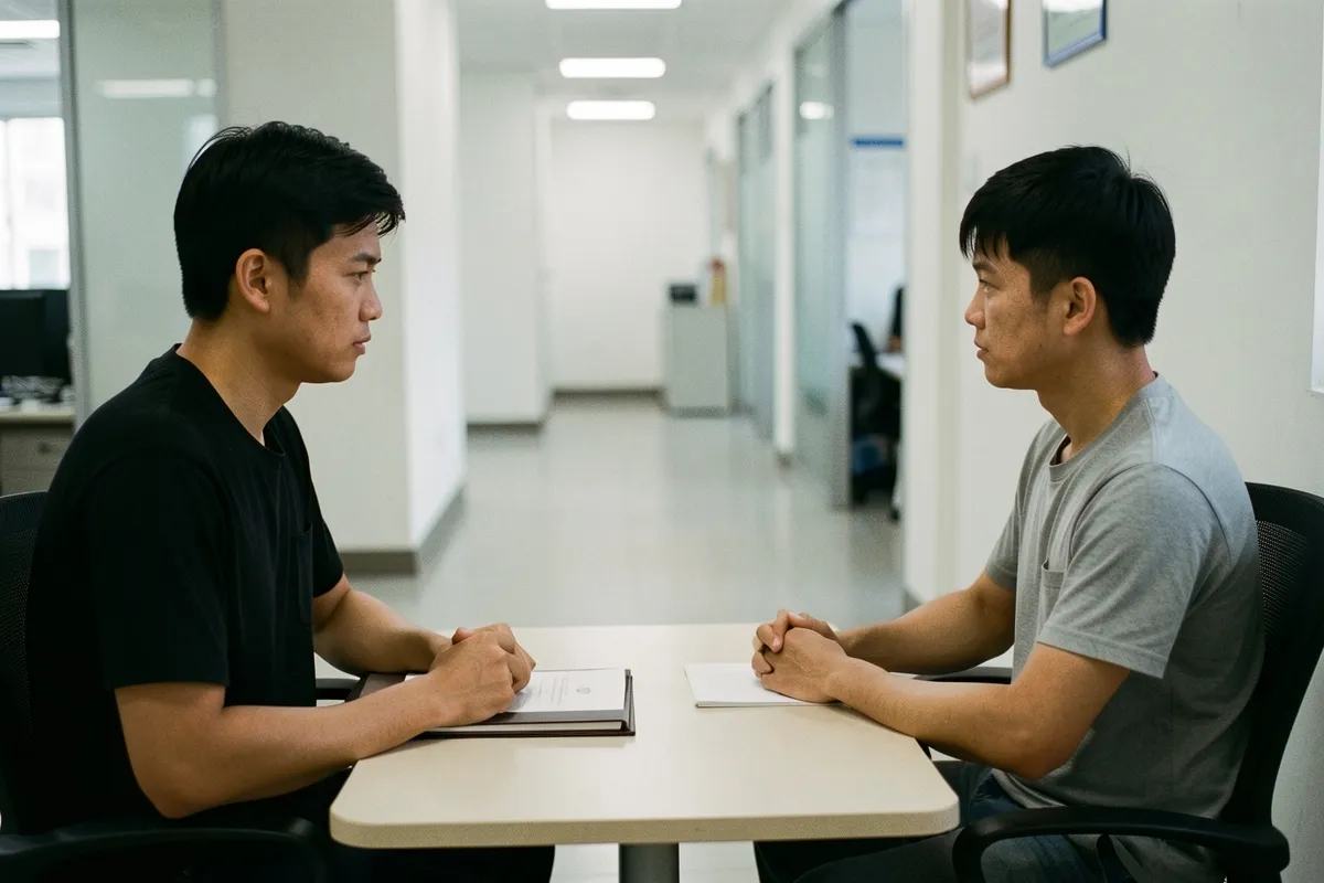 Hai người đàn ông ngồi đối diện nhau qua bàn nhỏ trong văn phòng, một người mặc áo đen, một người mặc áo xám