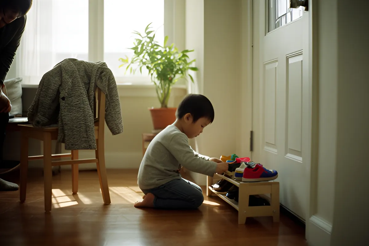 Một trẻ nhỏ quỳ trên sàn gỗ xếp giày vào giá thấp, bên trái có người cúi, ghế có áo khoác, chậu cây cạnh cửa sổ, ánh sáng dịu