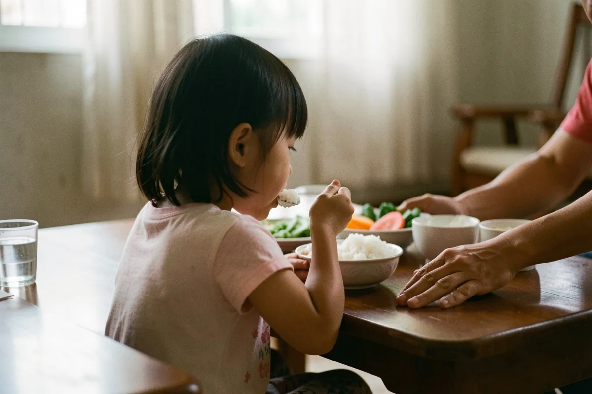 Bé gái ngồi quay lưng trước bàn gỗ, dùng thìa xúc cơm, bên cạnh có đĩa rau, bát cơm và cốc nước, ánh sáng từ cửa sổ
