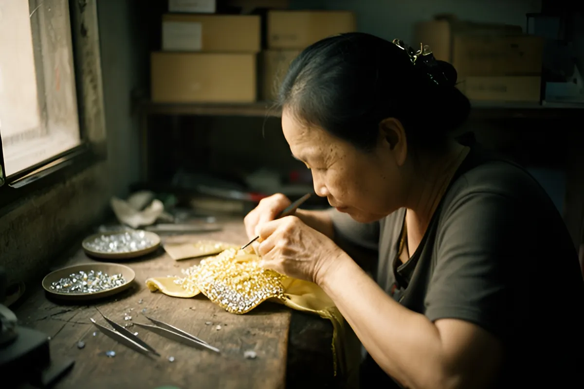 Một người phụ nữ lớn tuổi cúi mình làm việc trên mảnh vải vàng đính đá tại bàn gỗ, khay đá và nhíp bày bên cạnh