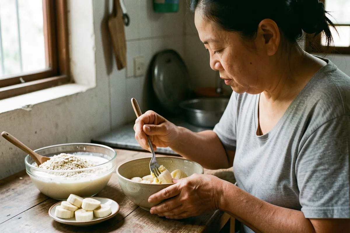 Một phụ nữ lớn tuổi ngồi bên bàn gỗ trong bếp, dùng dĩa nghiền chuối trong tô sứ, cạnh đó là tô yến mạch ngâm sữa