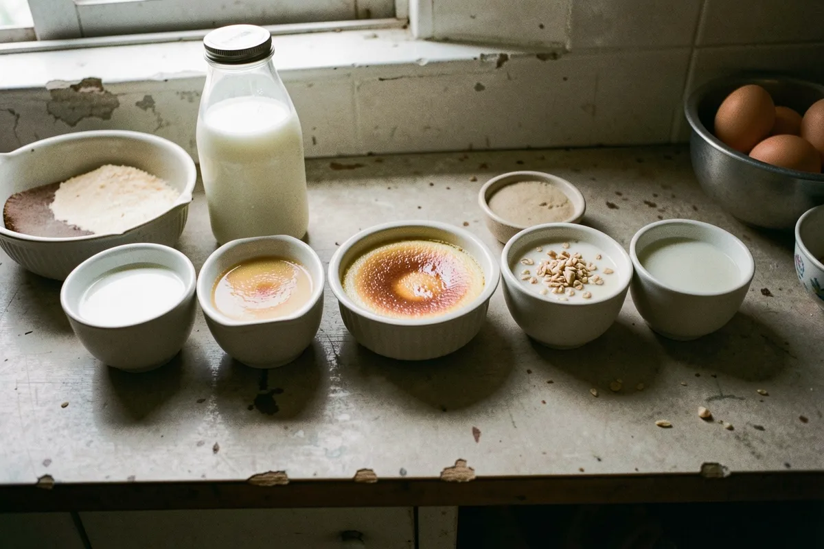 Mặt bàn bếp bày một hàng bát sứ nhỏ đựng sữa và bánh flan, bên cạnh là chai thủy tinh đựng sữa và tô trứng, ánh sáng tự nhiên