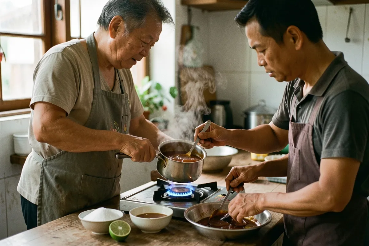 Hai người đàn ông đứng bên bếp, một người cầm nồi bốc khói, người kia khuấy bát, trên bàn có bát đường và nửa quả chanh
