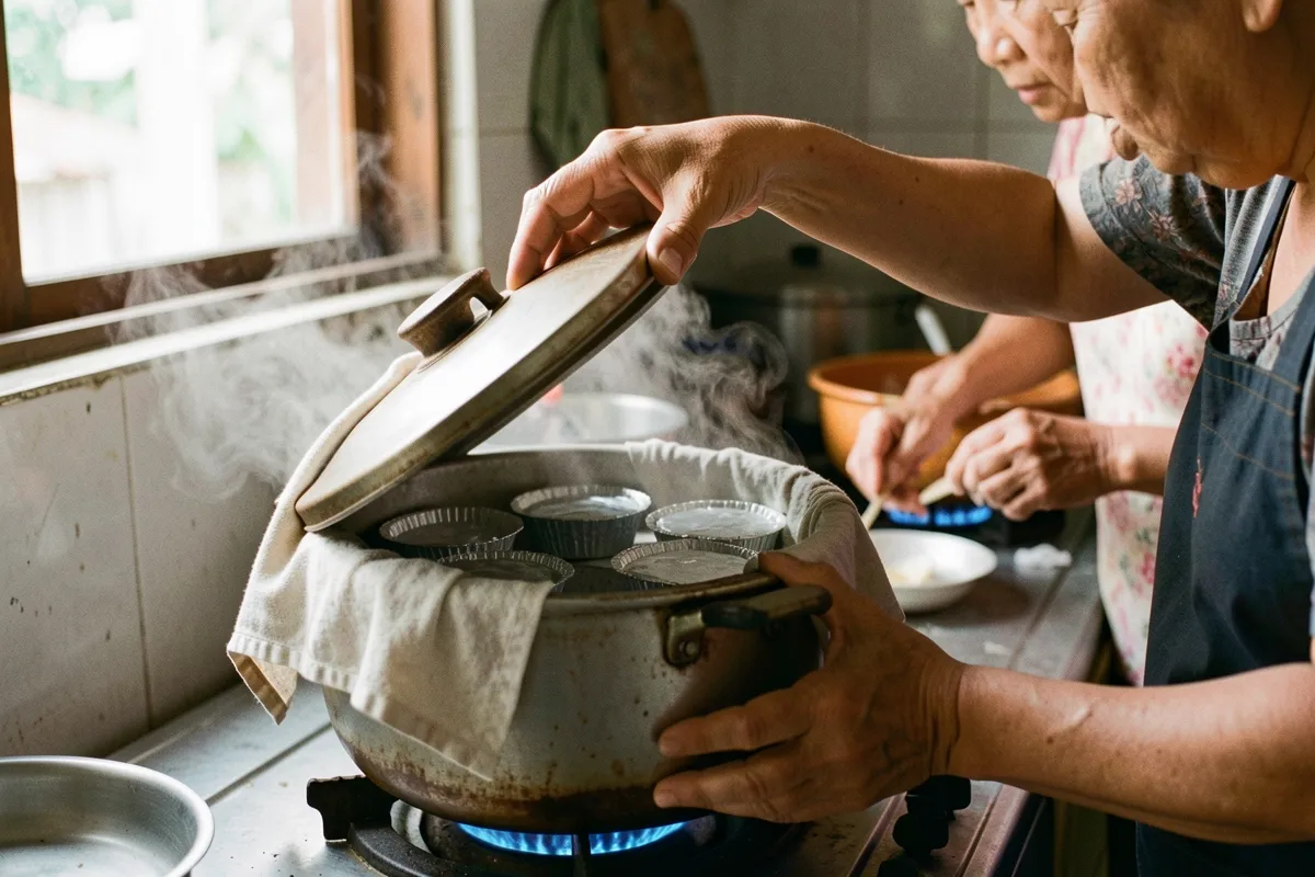 Hai người phụ nữ bên bếp gas, một người nhấc nắp nồi bốc khói chứa các khuôn bánh phủ giấy bạc, ánh sáng sớm từ cửa sổ