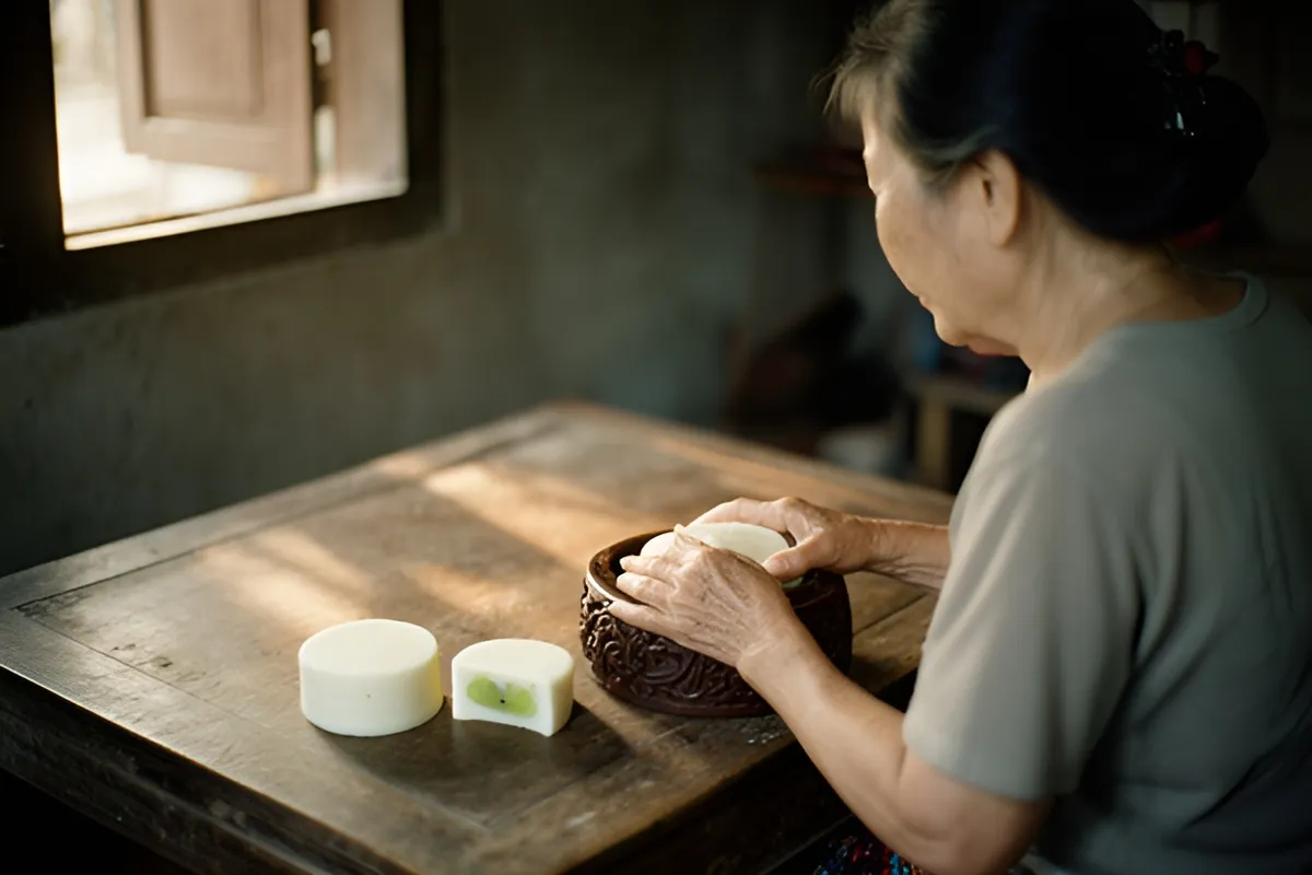 Một phụ nữ lớn tuổi ngồi cạnh bàn gỗ thấp, hai tay ép bột vào khuôn gỗ chạm khắc, trên bàn có hai chiếc bánh trắng