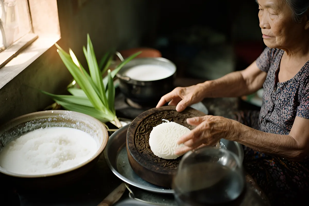 Một bà cụ già trong bếp đang lấy chiếc bánh trắng có hoa văn ra khỏi khuôn gỗ, cạnh tô bột, lá xanh và nồi sữa
