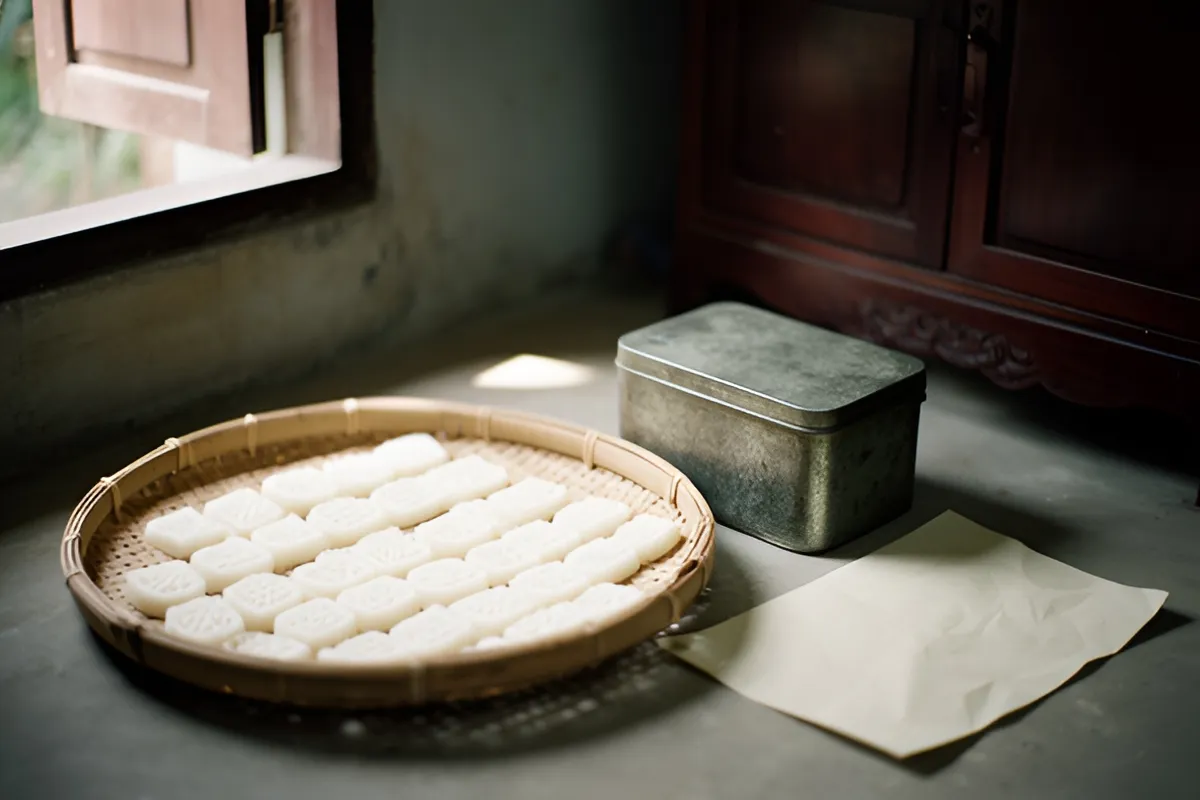 Một chiếc mây tròn đựng nhiều hàng bánh trắng nhỏ đặt cạnh hộp kim loại và tờ giấy trắng, gần cửa sổ có ánh sáng dịu