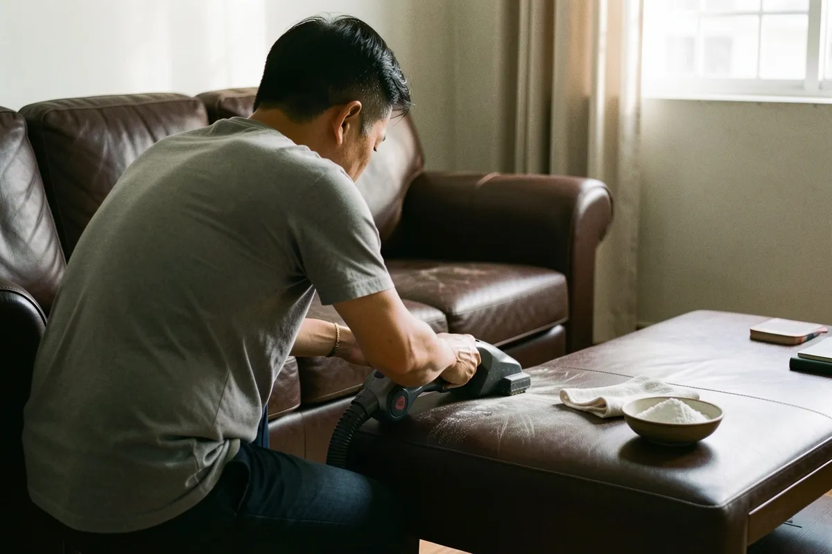 Một người đàn ông quỳ bên bàn da nâu, dùng máy hút bụi cầm tay, trên bàn có khăn và bát bột trắng, ánh sáng chiều qua cửa sổ