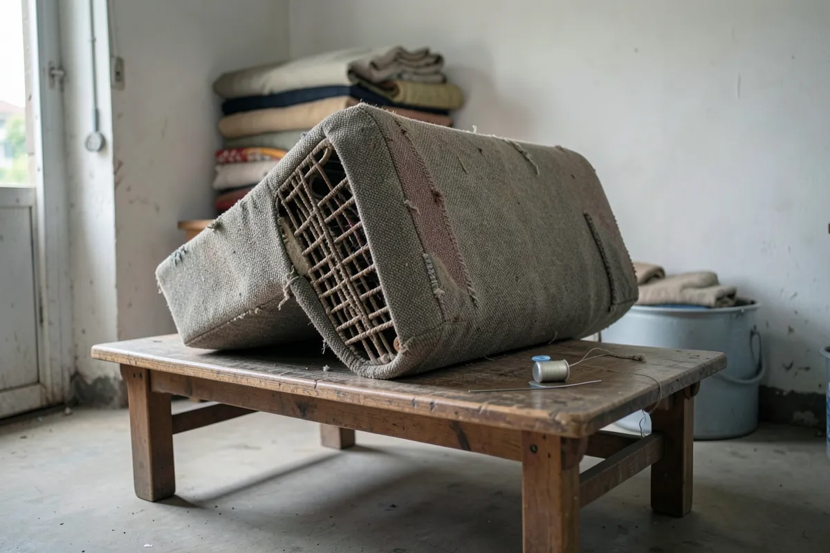 Ghế sofa vải lật úp trên bàn gỗ thấp, cạnh có cuộn chỉ và kim khâu, sau là chồng vải xếp sát tường trong phòng sáng cửa