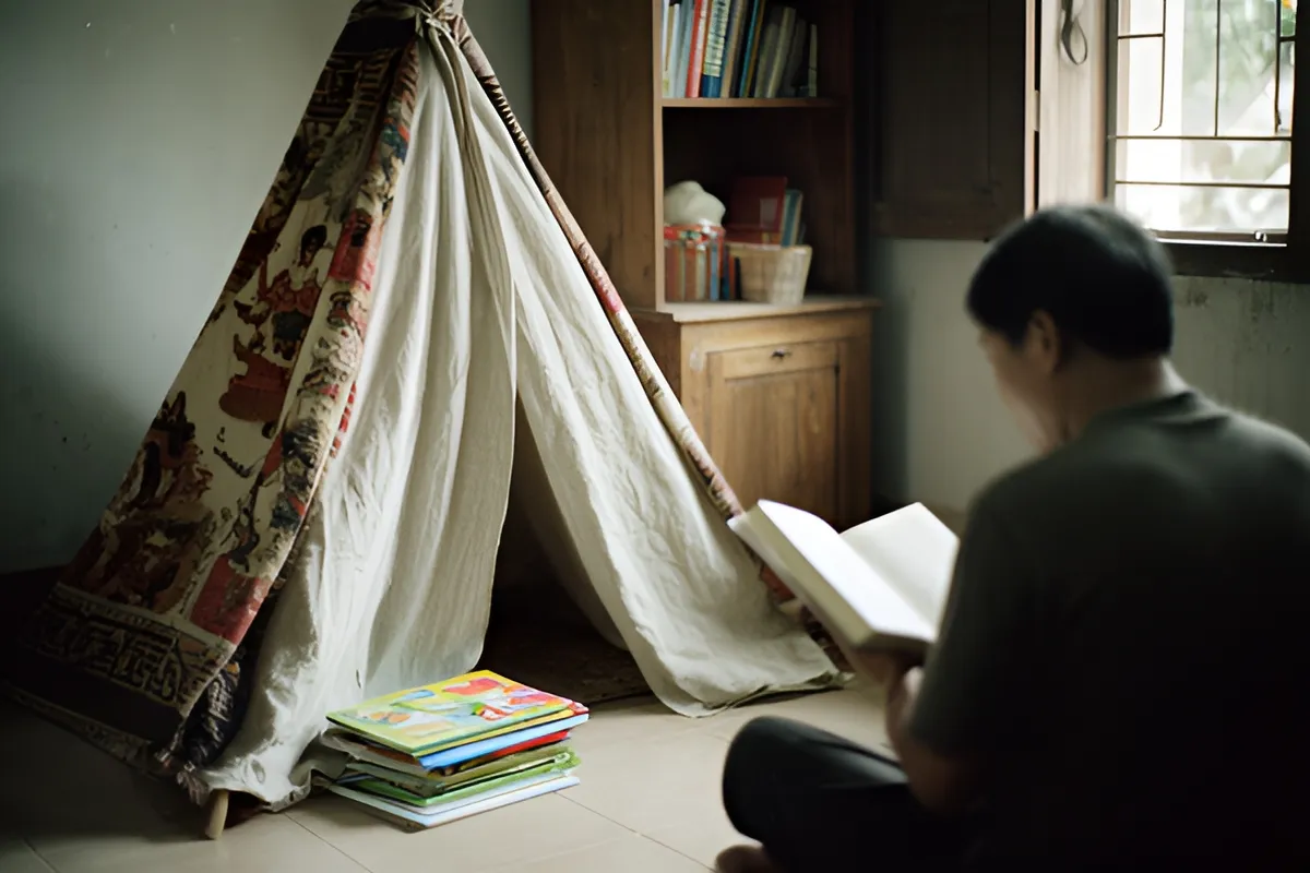 Một người đàn ông ngồi trên sàn đọc sách bên lều vải và kệ sách trong ánh sáng chiều dịu nhẹ