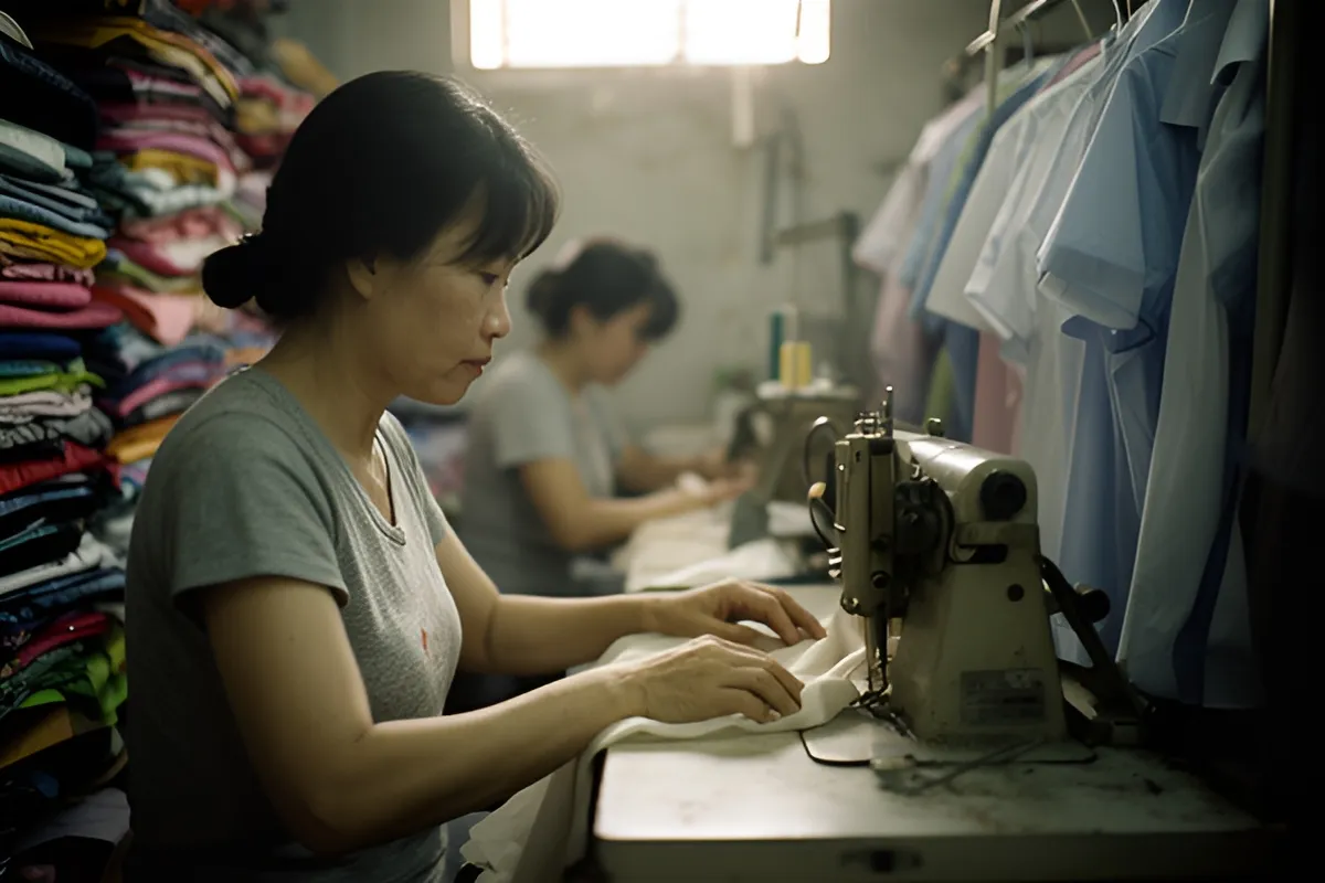 Một người phụ nữ ngồi may bên máy khâu trong xưởng nhỏ, tay đặt trên vải trắng, phía sau có người phụ nữ khác đang làm việc