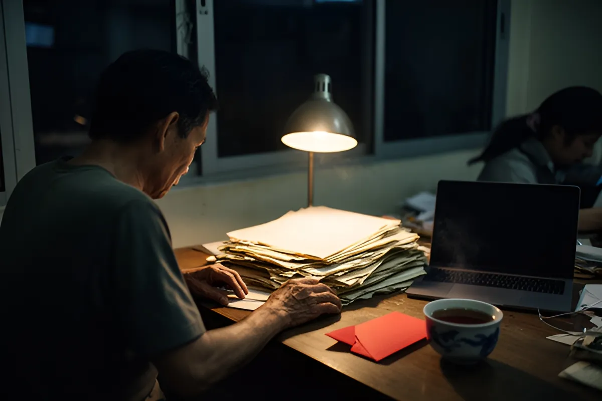 Một người đàn ông ngồi cúi đầu làm việc bên chồng giấy dưới đèn bàn trong văn phòng tối, có tách trà