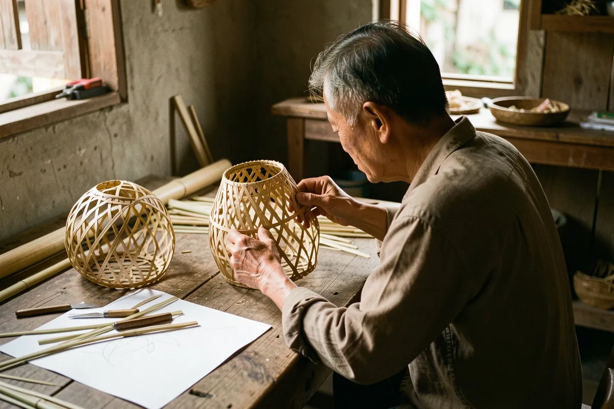 Một người đàn ông lớn tuổi ngồi bên bàn gỗ, hai tay cầm chiếc đèn đan tre, trên bàn có giấy trắng và dao, ánh sáng chiều ấm