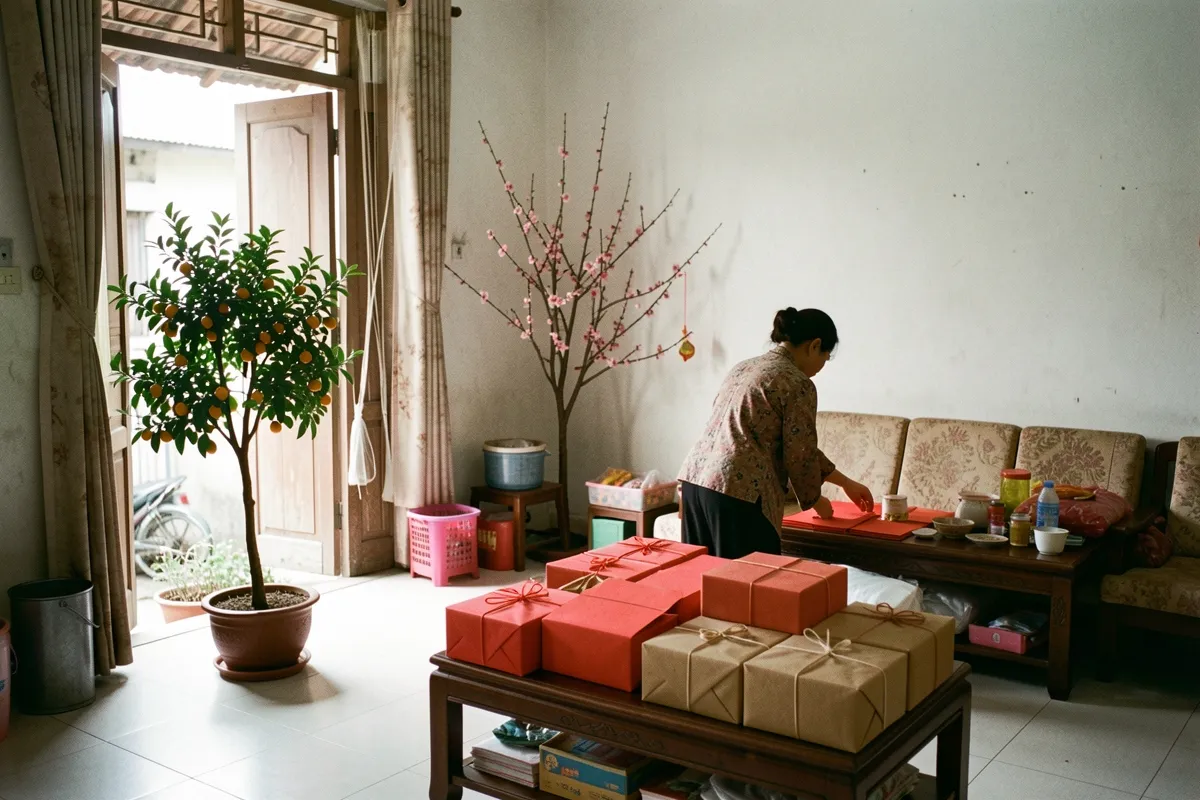 Một người phụ nữ quay lưng sắp xếp phong bì đỏ trên bàn giữa phòng khách có cây quýt và cành hoa đào, sàn gạch