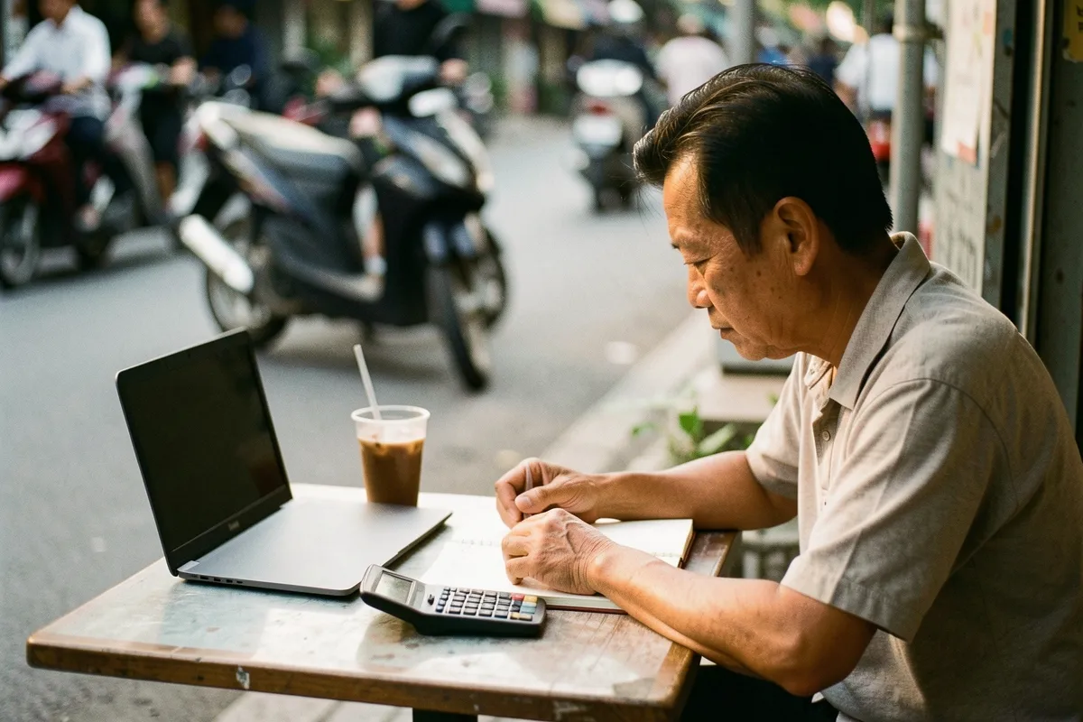 Một người đàn ông ngồi bên bàn nhỏ, tay đặt trên cuốn sổ mở, trước mặt có laptop, máy tính bỏ túi và ly cà phê đá