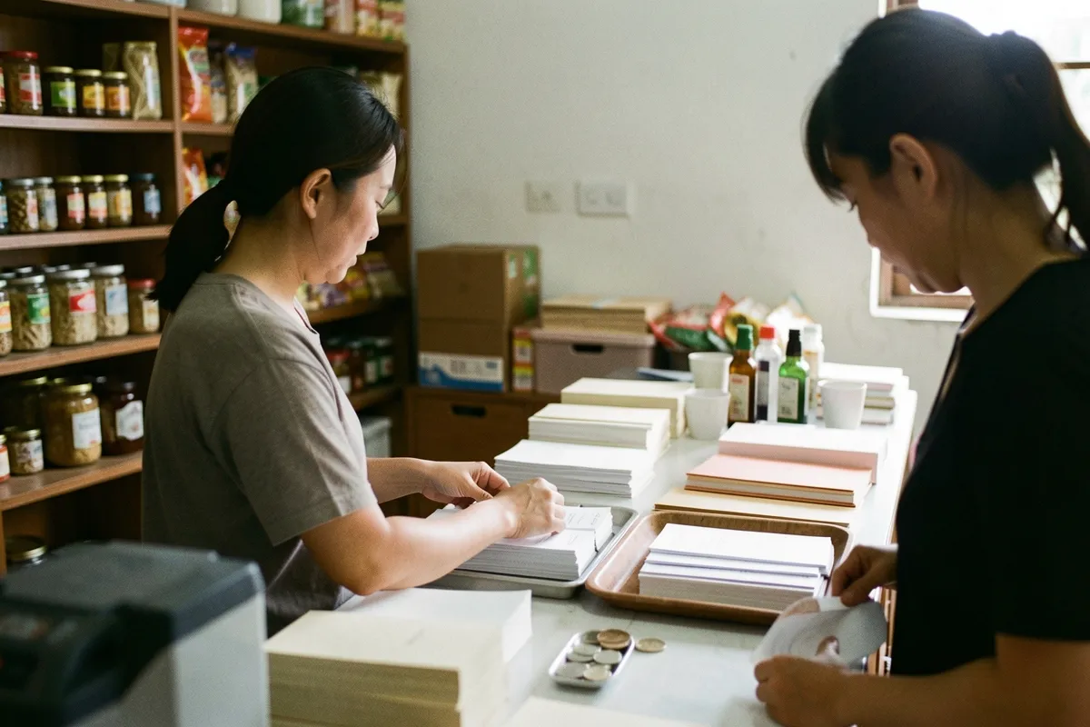Hai phụ nữ đứng sau quầy xếp các chồng giấy trắng, khay đồng xu, kệ lọ hàng phía sau, sáng từ cửa sổ