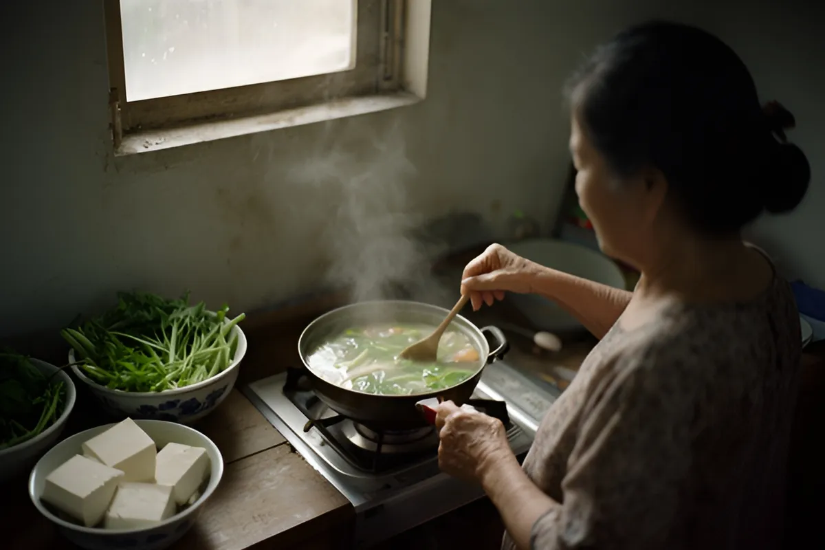 Một bà cụt tóc búi đang khuấy nồi canh rau trên bếp gas, cạnh tô rau xanh và đậu hũ trắng, khói bốc lên trong bếp nhỏ