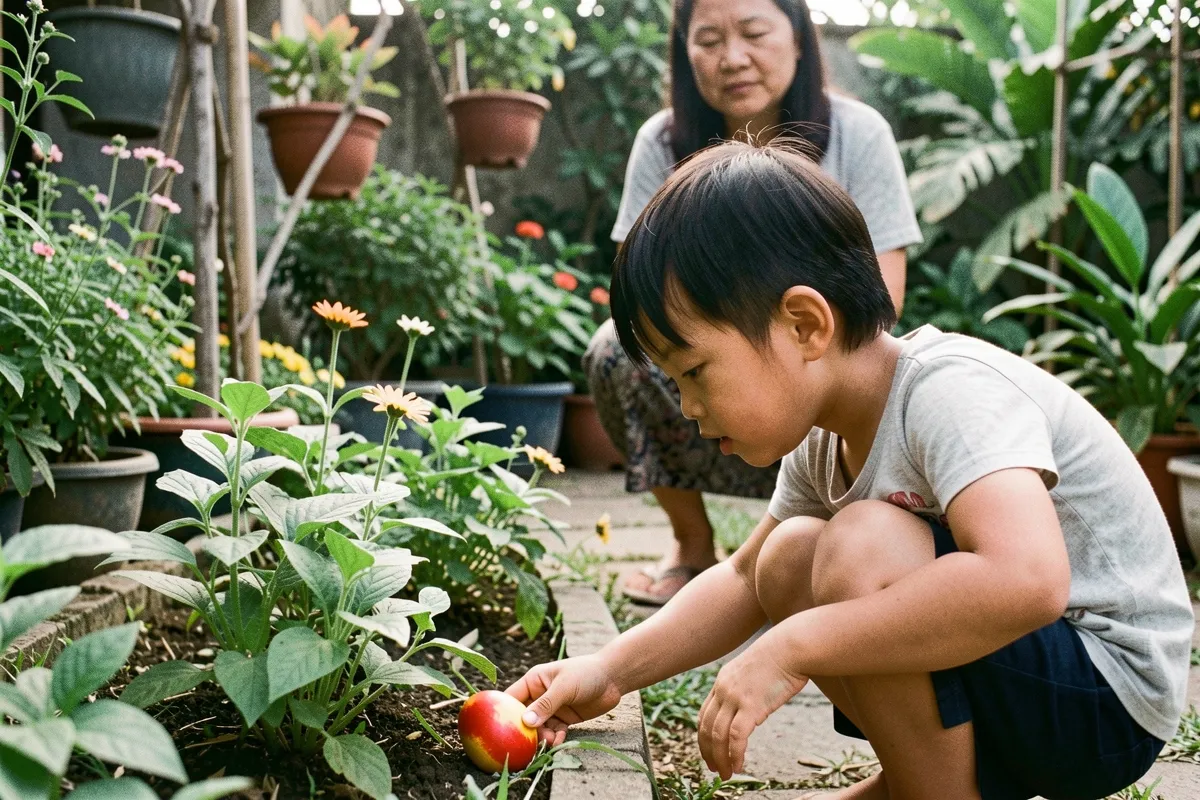 Một bé trai ngồi xổm với tay chạm vào quả trống đỏ vàng giữa luống cây, phía sau một người phụ nữ đang nhìn