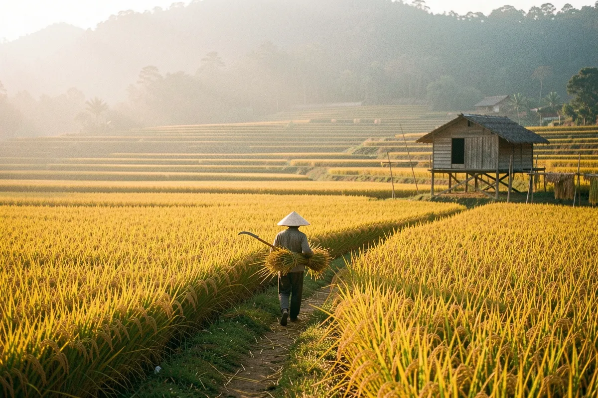 Một người đội nón lá đi trên lối mòn giữa những thửa ruộng lúa chín vàng, tay vác bó lúa và một dụng cụ cong