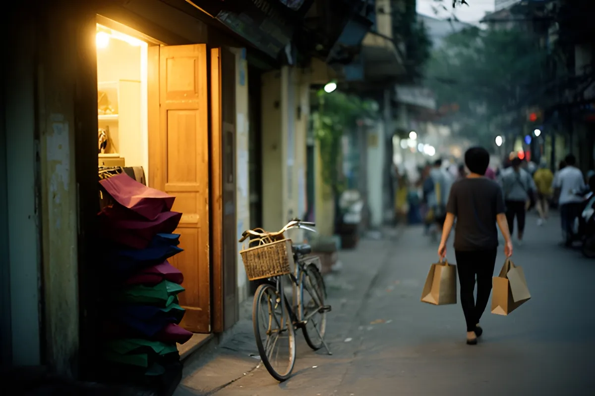 Một người đi bộ quay lưng vác hai túi giấy trên phố vắng buổi tối, bên cạnh cửa tiệm sáng đèn