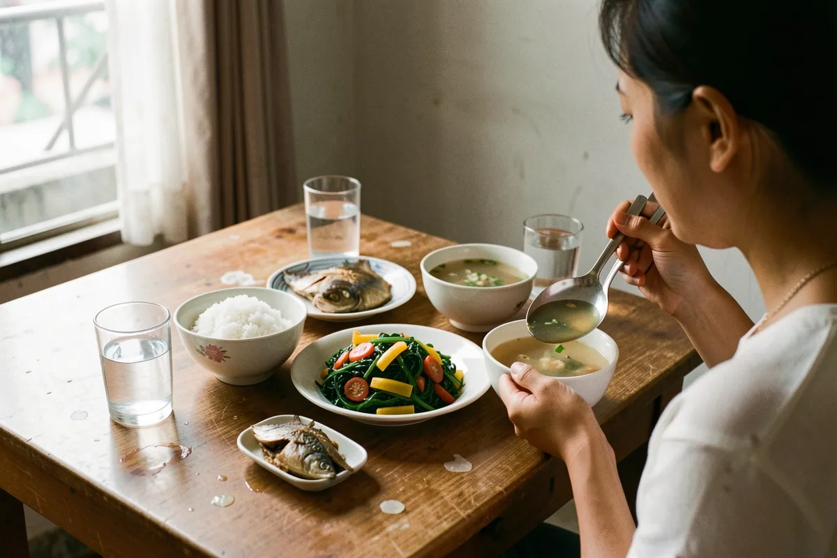 Một người phụ nữ ngồi bên bàn, tay cầm muôi múc canh, trên bàn có cơm, rau xào, cá và ly nước, ánh sáng từ cửa sổ