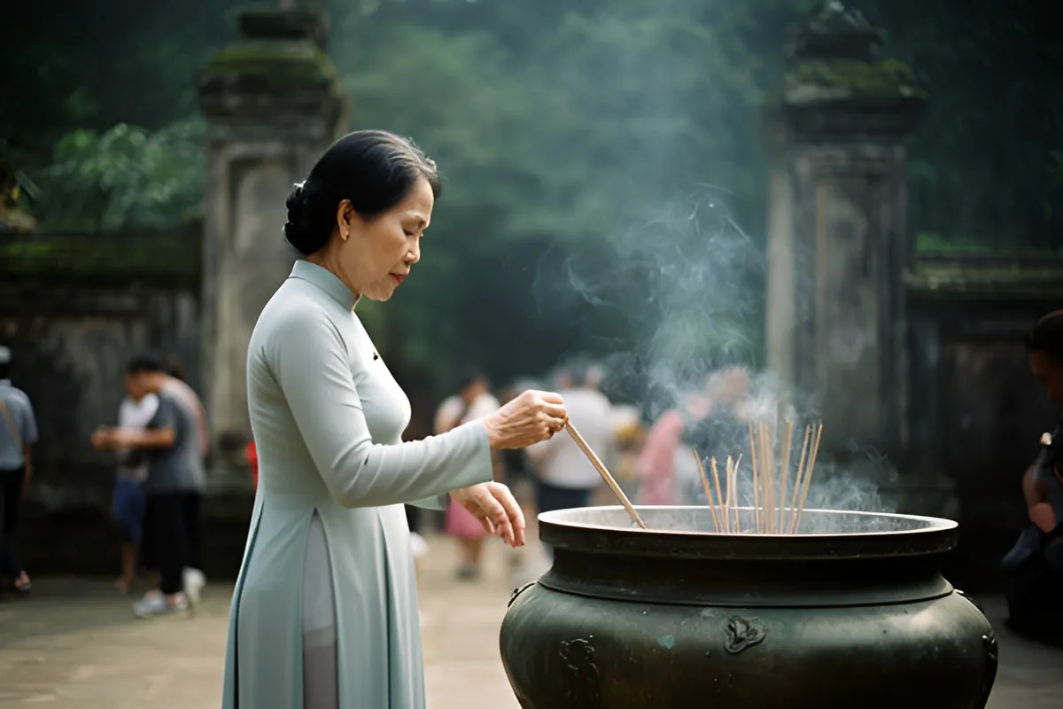 Một phụ nữ trung niên mặc áo dài xanh nhạt đứng nghiêng bên bát hương đồng lớn, tay cầm nén nhang đưa vào làn khói