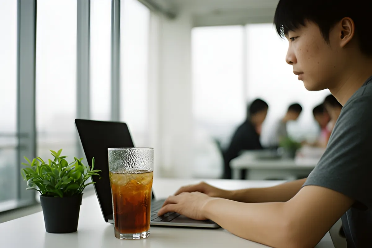 Một người đàn ông trẻ ngồi gõ máy tính xách tay tại bàn trắng trong văn phòng sáng cửa sổ, cạnh ly trà đá và chậu cây nhỏ