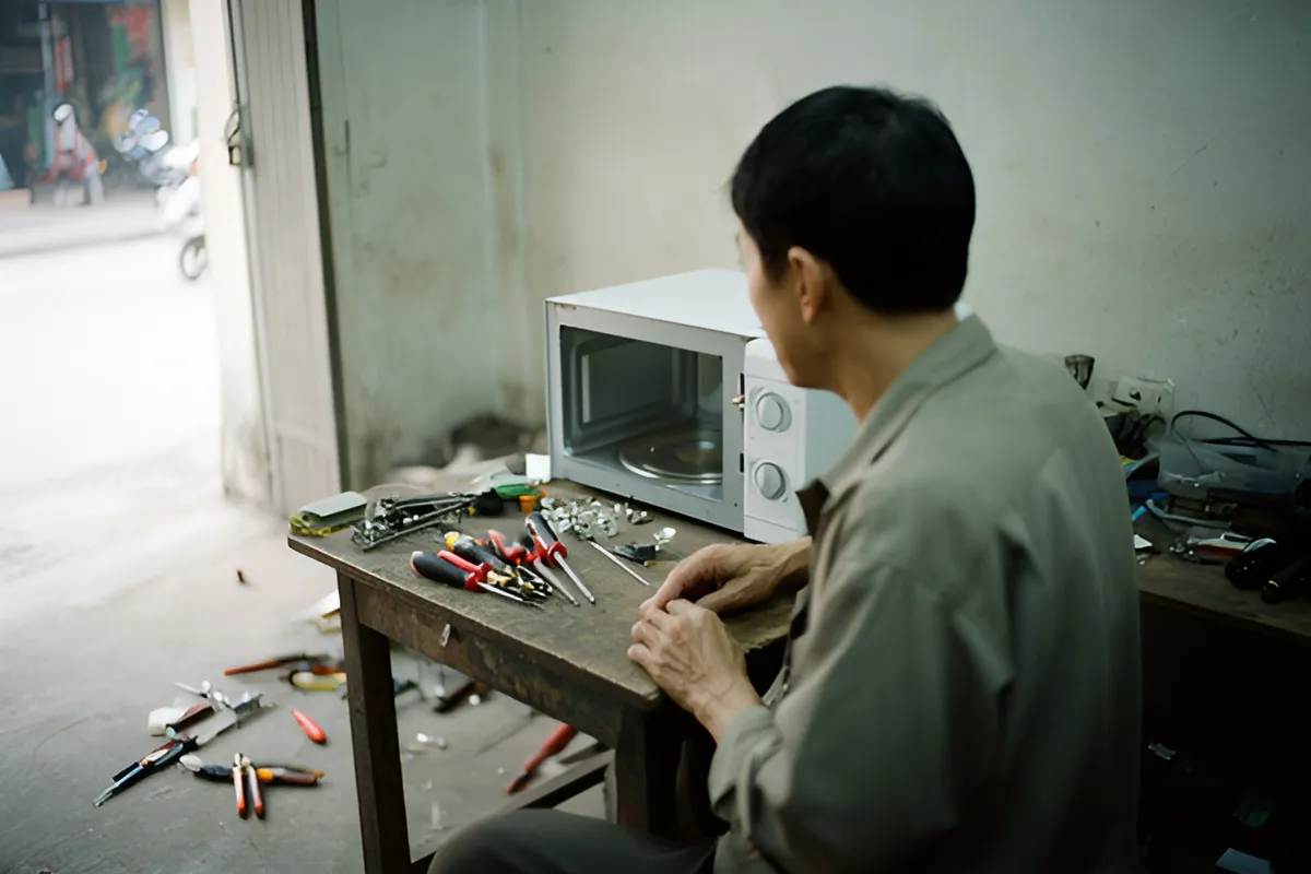 Một người đàn ông ngồi cạnh bàn gỗ có lò vi sóng mở, tua vít và linh kiện rải trên bàn và dưới sàn, ánh sáng từ cửa