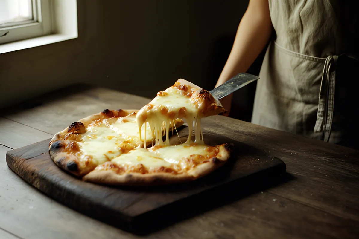 Một chiếc bánh pizza phô mai trên thớt gỗ, một miếng đang được nhấc lên bằng xẻng