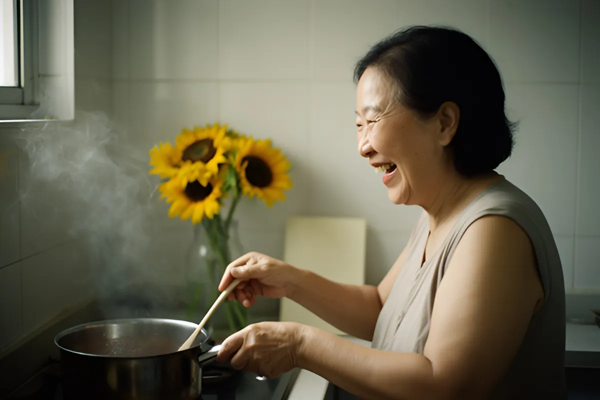 Một phụ nữ trung niên cười lớn đứng bên bếp, tay cầm thìa gỗ khuấy nồi, sau lưng có bình hoa hướng dương và tờ giấy gấp