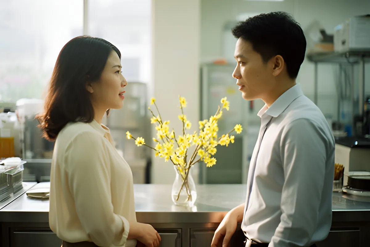 Hai đồng nghiệp đứng đối diện trò chuyện bên quầy bếp văn phòng, giữa họ là bình hoa cành vàng nhỏ, ánh sáng ban ngày dịu