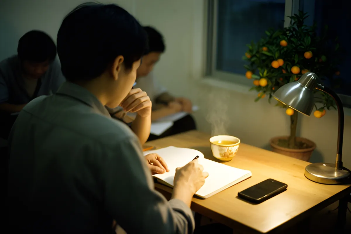 Một người đàn ông ngồi quay lưng viết vào sổ tay trên bàn gỗ, cạnh tách trà bốc khói, điện thoại úp và đèn bàn