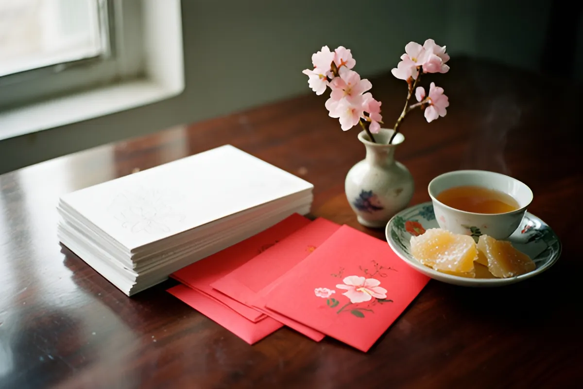 Bàn gỗ sẫm đặt xấp giấy trắng, vài bao đỏ hoa in, bình nhỏ cành hoa hồng nhạt, chén trà và đĩa mứt cạnh cửa sổ sáng