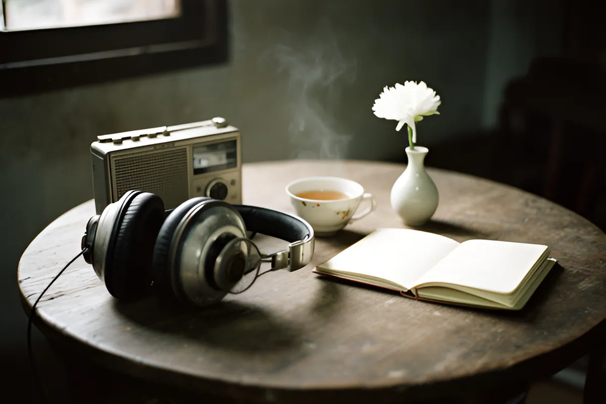 Trên bàn gỗ tròn trong phòng sáng dịu có chiếc radio cũ, tai nghe lớn, tách trà đang bốc khói