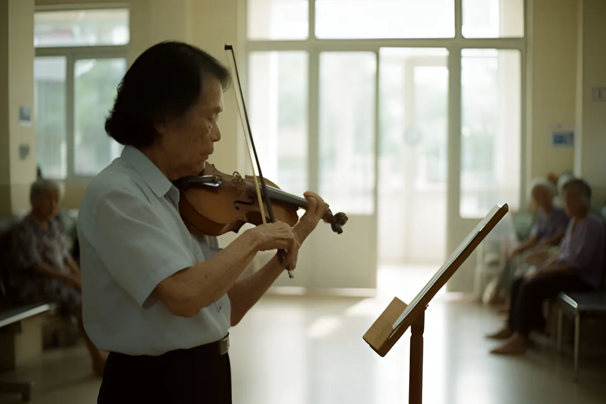 Một người đàn ông lớn tuổi đang kéo vĩ cầm cạnh giá nhạc trong sảnh sáng cửa kính, vài người ngồi mờ phía sau