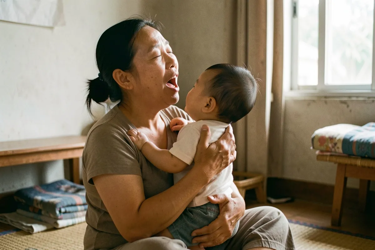 Một người phụ nữ ngồi trên chiếu, bế em bé trong vòng tay, miệng mở như đang hát