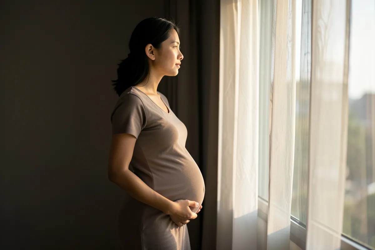 Một phụ nữ mang thai đứng nghiêng bên cửa sổ lớn, hai tay đặt lên bụng