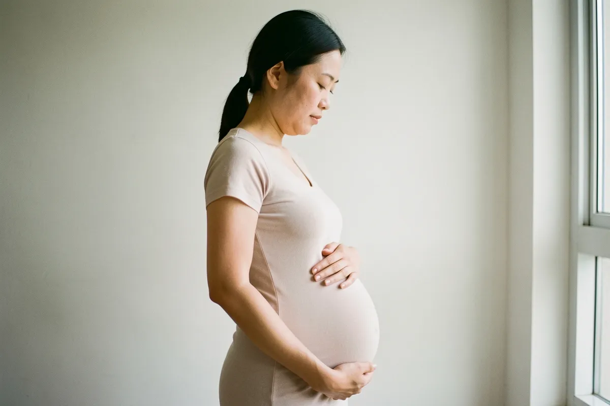 Một phụ nữ mang thai đứng nghiêng bên cửa sổ, hai tay đặt nhẹ lên bụng, mặc váy màu be nhạt trong phòng sáng