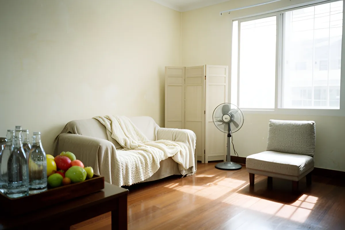 Phòng khách sạch sẽ với ghế sofa phủ khăn, quạt đứng, vách gấp, ghế đôn và khay trái cây cùng chai nước cạnh cửa sổ sáng