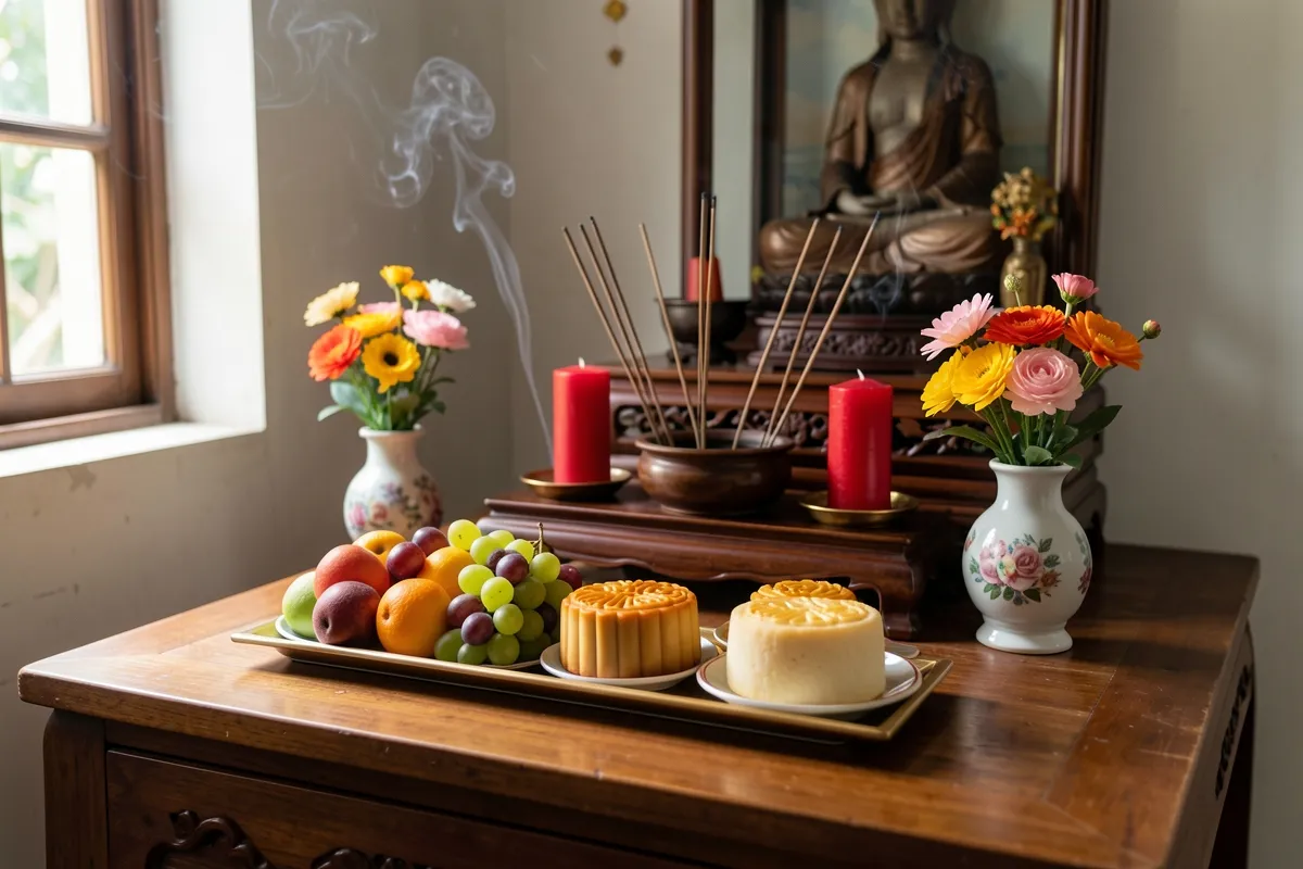 Bàn thờ gỗ trong nhà với mâm trái cây, hai chiếc bánh nướng và bánh dẻo, hai nến đỏ, bình hoa và nhang đang khói