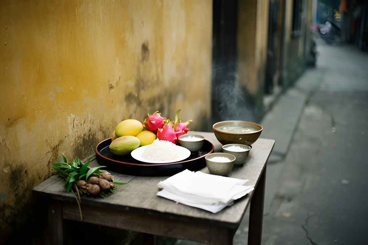 Bàn gỗ nhỏ đặt sát tường vàng cũ trong con hẻm, trên có khay trái cây, đĩa xôi, bát canh nghi ngút khói