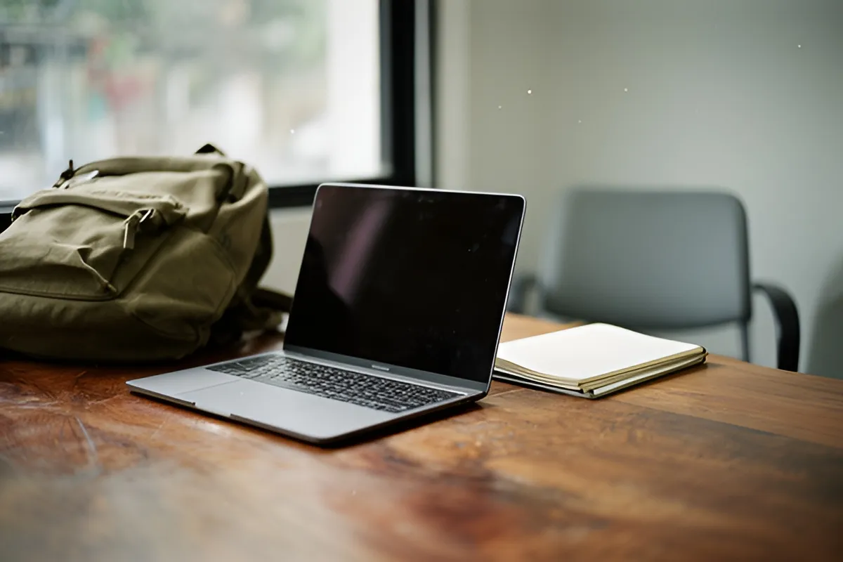 Một chiếc laptop mở đặt trên bàn gỗ, bên cạnh là balo và cuốn sổ gấp, phía sau có ghế và cửa sổ sáng